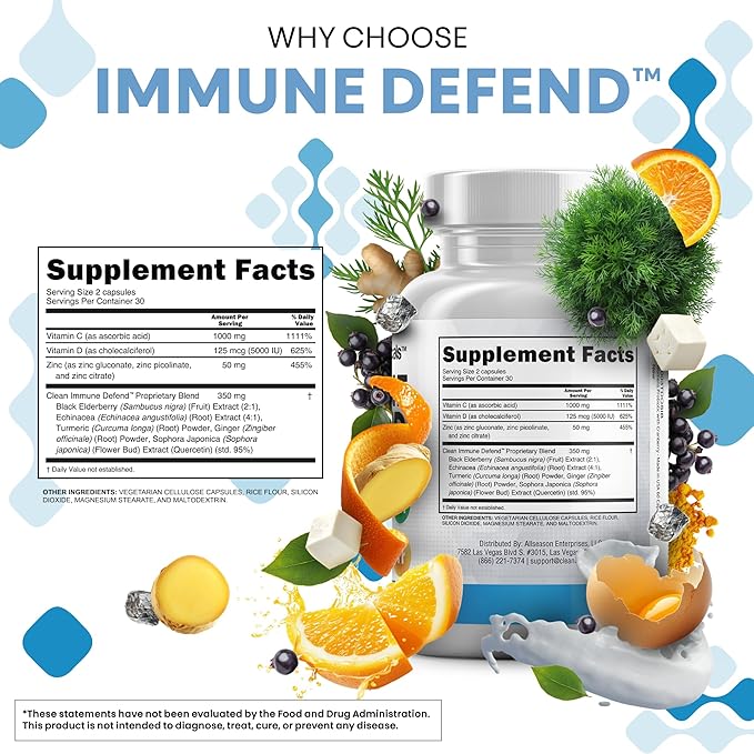 Clean Nutraceuticals Immune Defense Support Supplement 8 in 1 with Zinc 50mg Quercetin, VIT C 1000mg, Vitamin D3 5000 IU, Elderberry, Ginger - Immunity System Booster for Adults, Vegan - 60 Count