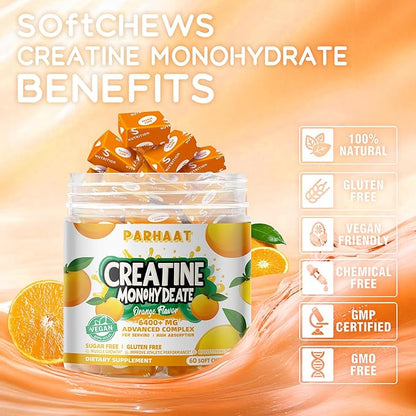 Creatine Monohydrate Chews Complex 6400mg for Men & Women -Advanced Formula W/L-Taurine + Vitamin B12, Sugar Free Chewable Supplement,60 Orange Softchews