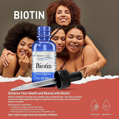 HoneyCombs Vitamin B7 (Biotin) Drops – Liquid Biotin Hair, Skin, Nails Supplement – Digestion & Hair Vitamins - Alcohol-Free, Non-GMO Vitamin Liquid for Healthy Hair, Skin and Nails, 1 Fl Oz.