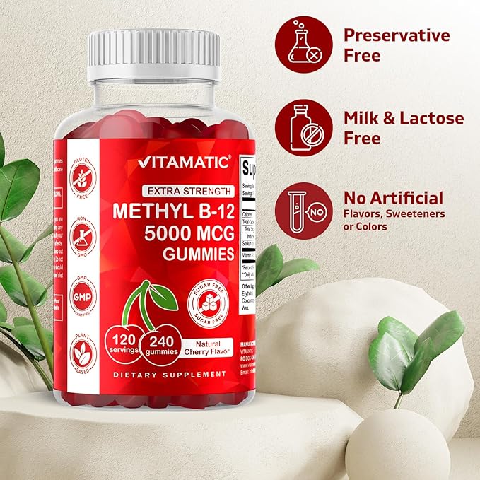 Vitamatic Extra Strength Vitamin B12 5000 mcg (Methyl B12) Gummies - 240 Count, Natural Cherry Flavored