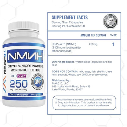 MAAC10 NMNH (NMN Supplement Alternative) 250mg Serving | Uthpeak™ NMNH (Dihydronicotinamide Mononucleotide) for Better Stability | 30-Day Supply.