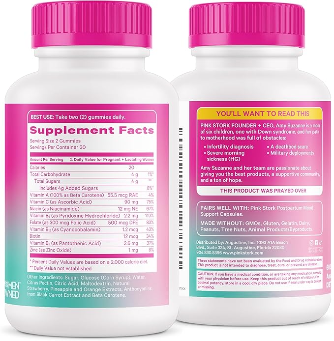Pink Stork Total Postnatal Vitamin Gummies - Multivitamin for Postpartum Recovery and Lactation Support - Folic Acid, B6, & Vitamin C - Breastfeeding Essentials - 60 Gummy Vitamins