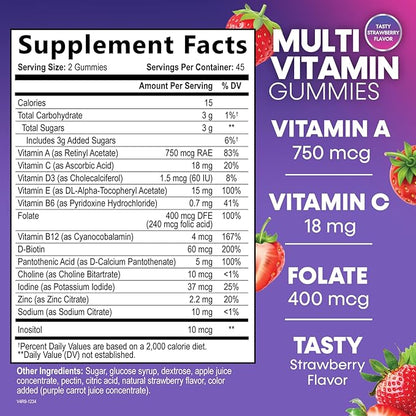Multivitamin Gummies for Adults, Daily Gummy Vitamins & Minerals for Women & Men, Immune Support Gummy Multivitamins Supplement, Adult Multi VIT Vitamin with Vitamins A, C, D, B12, Zinc - 90 Gummies