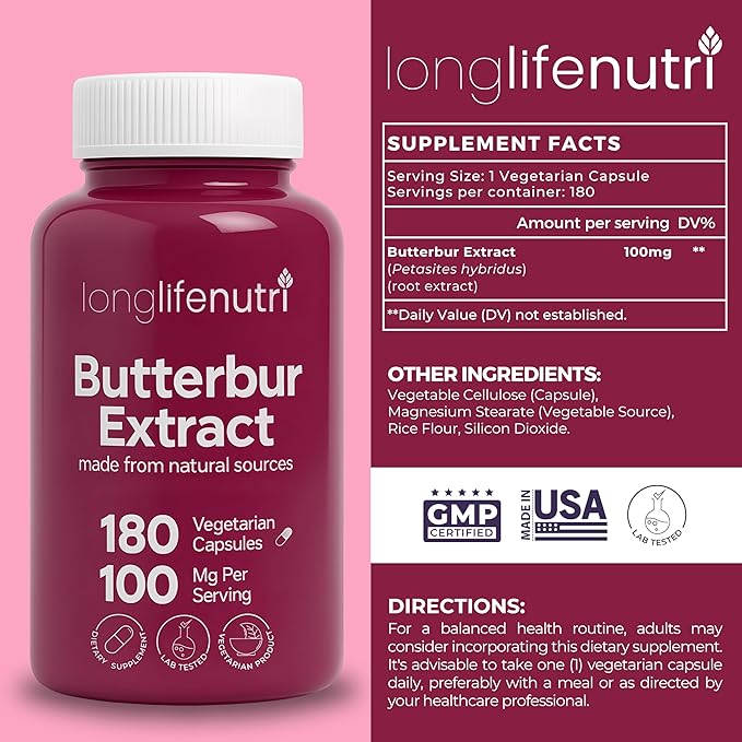 Butterbur Extract 100mg - Petasites Hybridus Root Extract, 180 Vegetarian Capsules, 6 Month Supply, Organic Supplement for Head Comfort & Neural Calm, GMP Certified, Made in USA