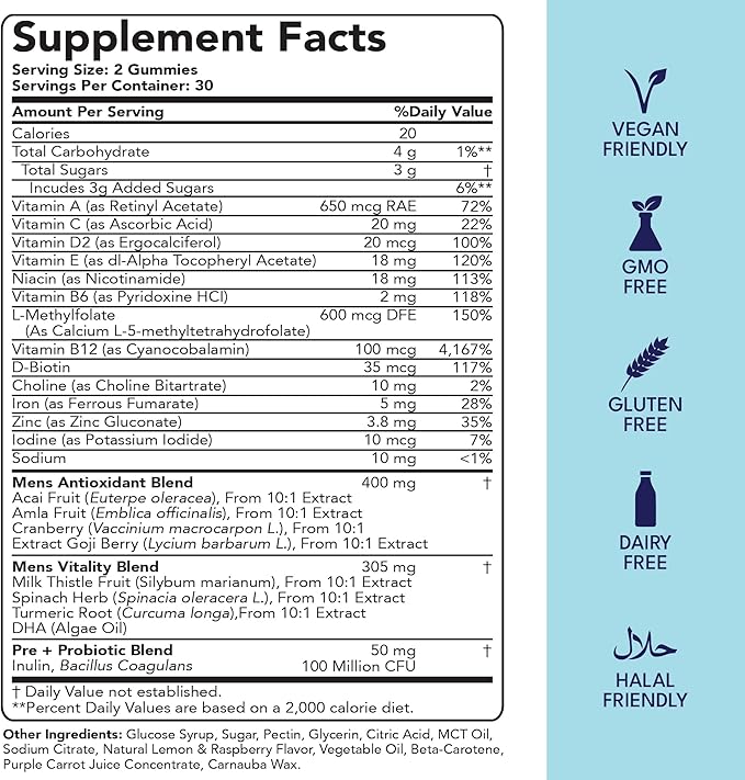 Sakoon nutrition Men's Multivitamin Gummies with Probiotics and Prebiotics, Adult Multivitamin A, C, D, E, B & More, Support Immune, Energy, Health, 60 Count