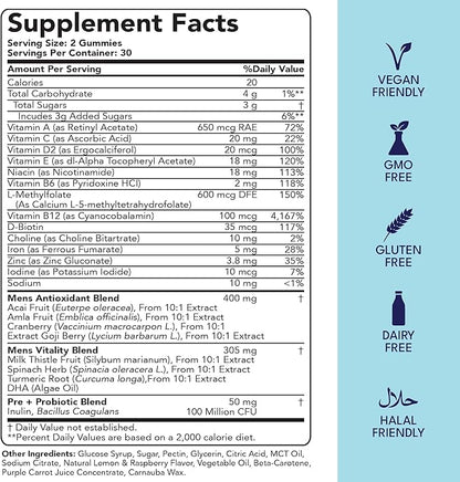 Sakoon nutrition Men's Multivitamin Gummies with Probiotics and Prebiotics, Adult Multivitamin A, C, D, E, B & More, Support Immune, Energy, Health, 60 Count