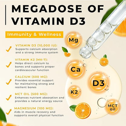 Liquid Vitamin D3 K2 Magnesium Liposomal Drops with 10000 IU Cholecalciferol, MK7, Vitamin A, Calcium, MCT Oil, Organic Sunflower Lecithin for Thyroid Immune Bone Heart Skin ADK Supplement