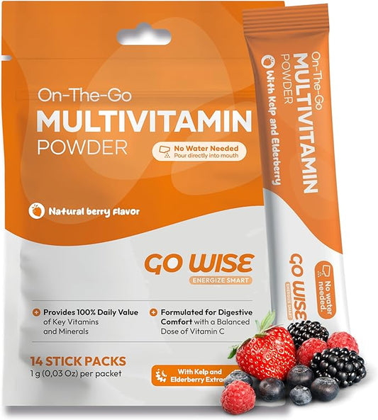 Go Wise On The Go Multivitamin Powder - Natural Berry Flavor - 14 Convenient Stick Packs - Portable Vitamin Supplement for Travel, Daily Nutrition, Energy and Immune Support for Men and Women