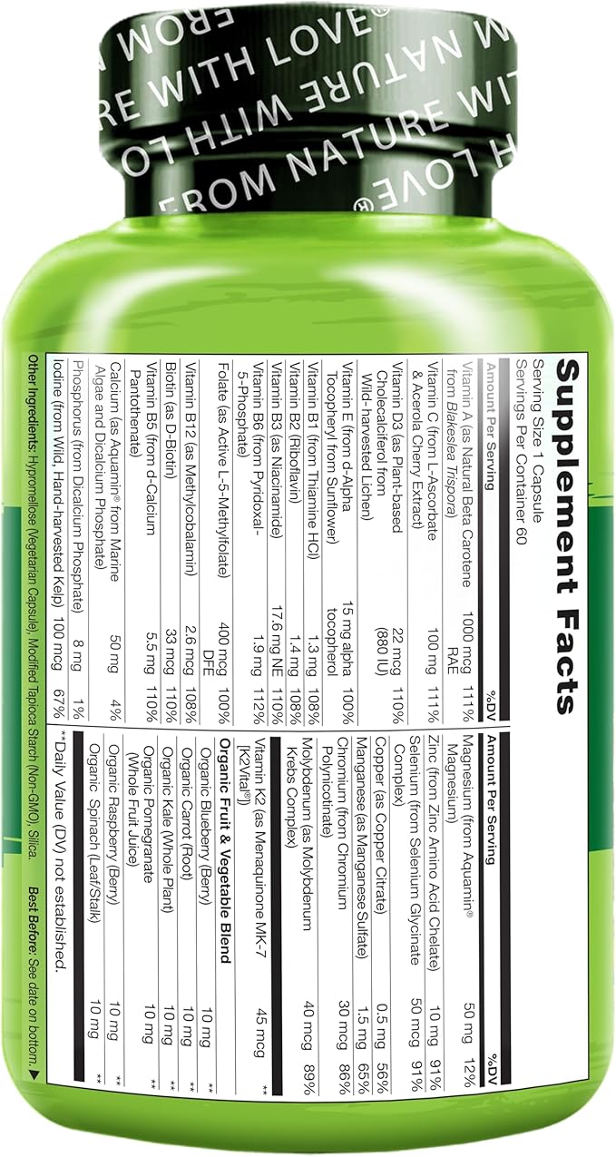 NATURELO Mens Multivitamins - One Daily Multivitamin for Men with Vitamins, Minerals & Organic Whole Foods, Boost Energy & Health, Non-GMO, 60 Vegetarian Capsules