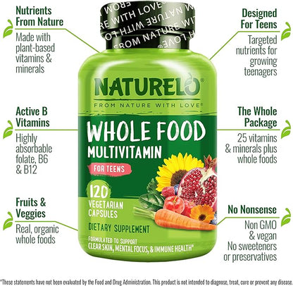 NATURELO Teen Multivitamin - Whole Food Multivitamin - with Minerals for Teenage Boys & Girls - Supplement for Active Kids - Non-GMO - Vegan & Vegetarian - 120 Capsules
