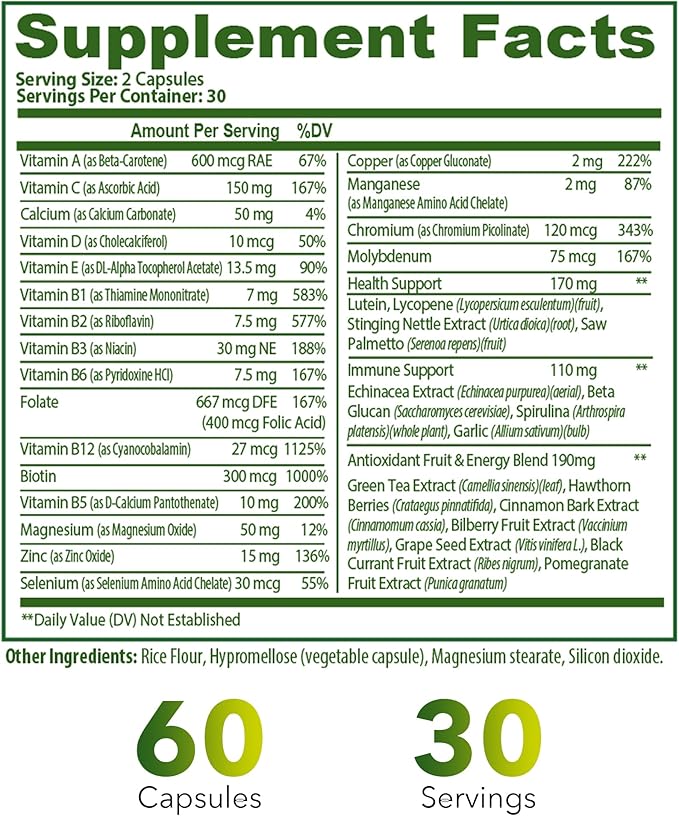 Complete Multivitamin 35‑in‑1 – High‑Potency Daily Vitamins & Minerals with Antioxidants (A, B‑Complex, C, D, E), Magnesium, Zinc & Green‑Tea Detox Formula for Women & Men – 60 Veggie Capsules