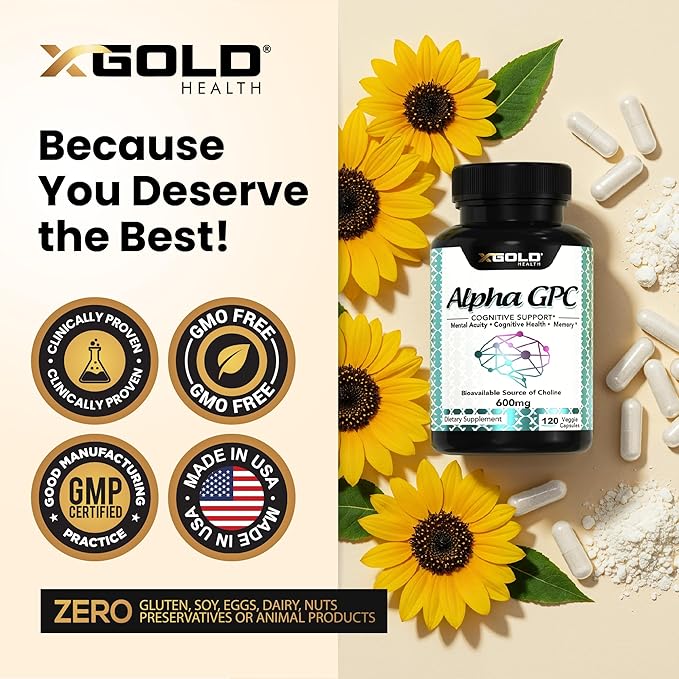 Alpha GPC Choline 600mg, 99% Pure Nootropic Supplement, 120 Veggie Capsules, Cognitive Enhancer for Memory, Brain Health & Focus