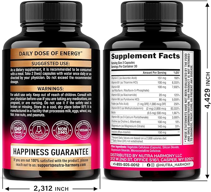 Vitamin B Complex for Men & Women - Riboflavin B2, B12, B1, B3, B5, B6, B7, B8, B9 | Vitamin C, Choline, Inositol - B-Complex Supplement - Energy, Brain & Heart Support - Made in USA, 60 Vegan Caps