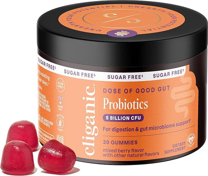 Cliganic Sugar-Free Probiotics Gummies for Men & Women (5 Billion CFU, 30-Day Supply) - Berry Flavor, Vegan, Non-GMO, Kosher, Gluten-Free, Promotes Digestive Health, Balances Gut Microbiome
