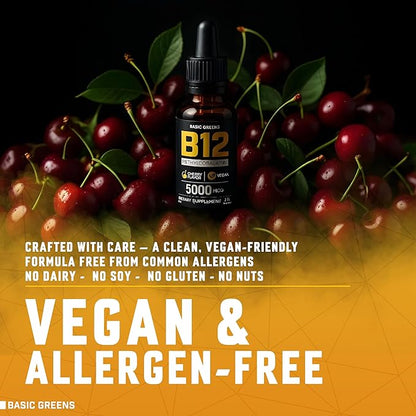 Vitamin B12 Sublingual Liquid Drops 5000 mcg – Vegan Methyl B-12 Supplement for Energy & Focus – B 12 Vitamin for Women & Men – Fast Absorption Methylcobalamin – 120 Servings – 4 fl oz