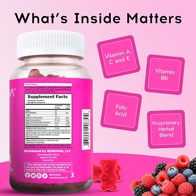 BEARVANA Top Support Gummies for Women | Support Natural Balance and Confidence | Fitness Supplement | Essential Vitamins | 9 Herbs Including Fenugreek, Flaxseed, Dong Quai| Berry Flavor | 60 Gummies