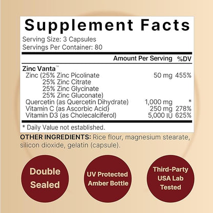 NatureBell Zinc Quercetin with Vitamin C & D3, 240 Capsules | Quercetin 1,000mg + Zinc 50mg + Vitamin C 250mg + Vitamin D3 5,000 IU | 4-in-1 Advanced Immune & Lung Support | ZincVanta Formula