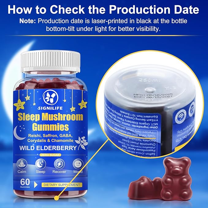 Sleep Mushroom Gummies with Reishi & Saffron -Natural Sleep Aid & Relaxation Supplement, Wild Elderberry Flavor, Non-GMO, No Sugar, 60 Count