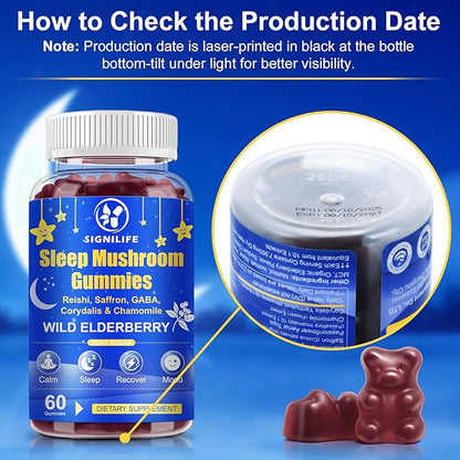 Sleep Mushroom Gummies with Reishi & Saffron -Natural Sleep Aid & Relaxation Supplement, Wild Elderberry Flavor, Non-GMO, No Sugar, 60 Count