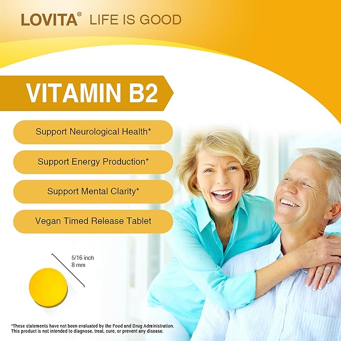 Lovita Vitamin B2 (Riboflavin) 100mg, Timed Release, 8 Hours Sustained, Support Metabolism & Nerve Health, 130 Vegan Tablet