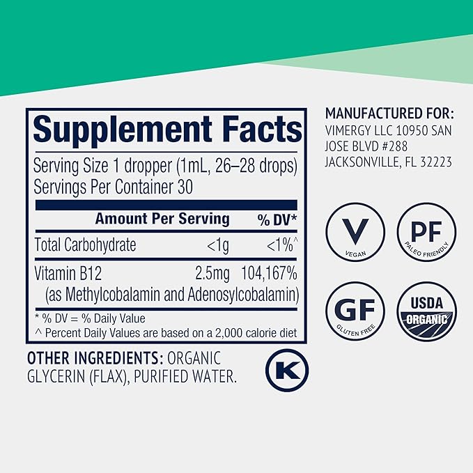Vimergy Organic Liquid Vitamin B12 Supplement 2500 mcg, Methylcobalamin & Adenosylcobalamin Fast-Absorbing Energy Support USDA Organic, Vegan, Non-GMO B12 Vitamins for Women & Men 30 Serving (30 mL)