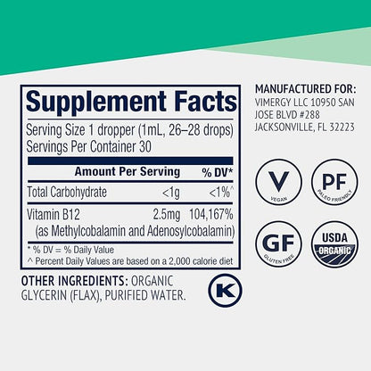 Vimergy Organic Liquid Vitamin B12 Supplement 2500 mcg, Methylcobalamin & Adenosylcobalamin Fast-Absorbing Energy Support USDA Organic, Vegan, Non-GMO B12 Vitamins for Women & Men 30 Serving (30 mL)