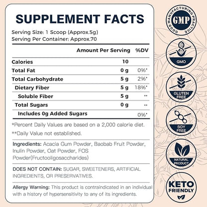 DRFOSTER Prebiotic Fiber Powder Unflavored - Soluble Fiber Supplement with Acacia Fiber & Inulin Powder for Digestive Health and Regularity | 5g Per Scoop, 70 Servings | Gluten & Sugar Free, Vegan
