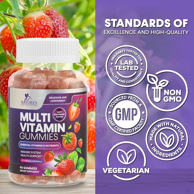 Multivitamin Gummies for Adults, Daily Gummy Vitamins & Minerals for Women & Men, Immune Support Gummy Multivitamins Supplement, Adult Multi VIT Vitamin with Vitamins A, C, D, B12, Zinc - 90 Gummies