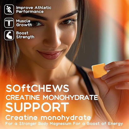 Creatine Monohydrate Chews Complex 6400mg for Men & Women -Advanced Formula W/L-Taurine + Vitamin B12, Sugar Free Chewable Supplement,60 Orange Softchews