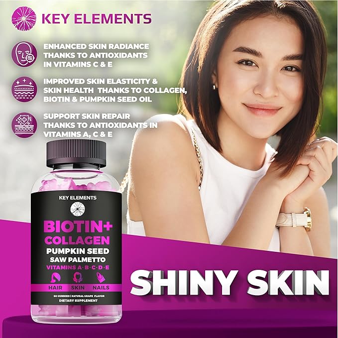 Hair Skin and Nails 10000mcg Gummies & Collagen Gummies - Biotin Vitamins Gummies for Hair Growth Pumpkin Seed Oil, Saw Palmetto Extract & Vitamins A B6 C D E - Biotin and Collagen Supplements