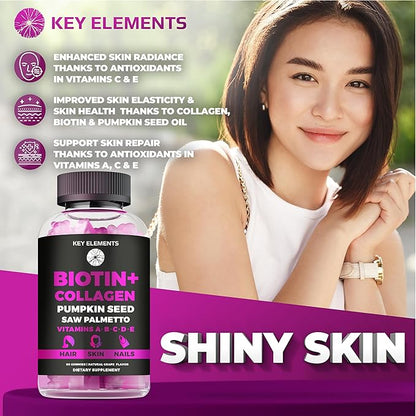 Hair Skin and Nails 10000mcg Gummies & Collagen Gummies - Biotin Vitamins Gummies for Hair Growth Pumpkin Seed Oil, Saw Palmetto Extract & Vitamins A B6 C D E - Biotin and Collagen Supplements