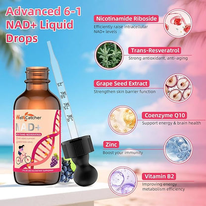 NAD+ Liquid Supplement for Women Men: NAD+ Resveratrol Drops with Grape Seed Extract CoQ10 Zinc Vitamin B2 Nicotinamide Riboside Support Energy Anti-Aging & Heart Health Grape Flavor 30 Servings