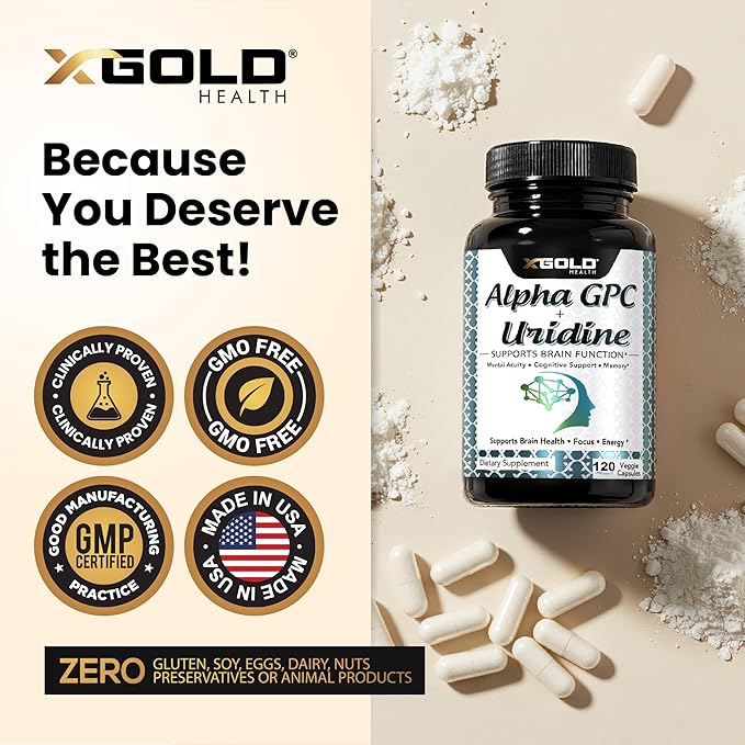 Alpha GPC Choline 600mg + Uridine Monophosphate 300mg-2-in-1 Nootropic Supplement Helps Boost Focus, Energy & Cognitive Performance -Potent Mood Enhancer & Brain Focus Supplements -120 Veggie Capsules