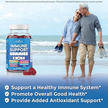 NEW AGE 8 in 1 Immune Support Booster Supplement with Elderberry, Vitamin C and Zinc 50mg, Vitamin D 5000 IU, Quercetin & Bromelain (8 in 1 Gummies (Pack of 1))