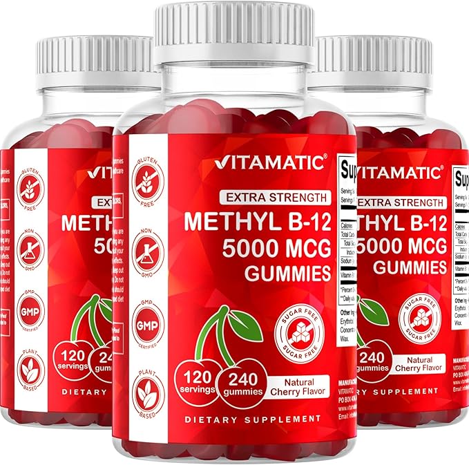 Vitamatic Extra Strength Vitamin B12 5000 mcg (Methyl B12) Gummies - 240 Count, Natural Cherry Flavored