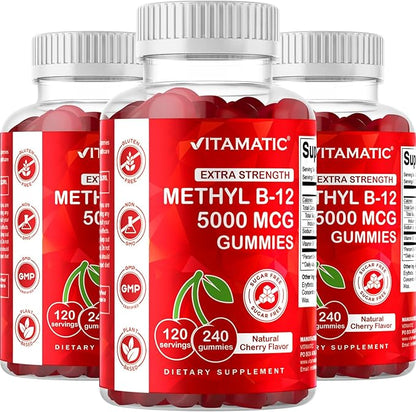 Vitamatic Extra Strength Vitamin B12 5000 mcg (Methyl B12) Gummies - 240 Count, Natural Cherry Flavored