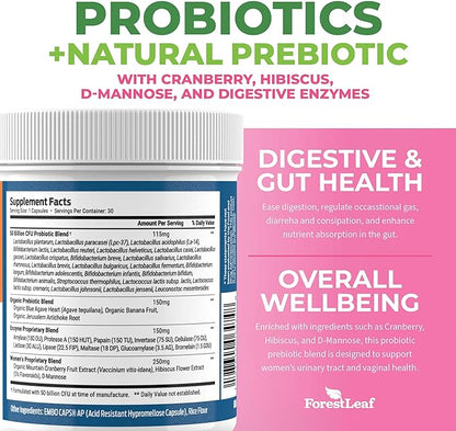 Probiotics for Women, 50 Billion CFU, 26 Unique Strains, Women's Probiotic and Prebiotics Support Digestive Health, w/Cranberry, Hibiscus & D-Mannose for Vaginal PH Balance, Urinary, Gut (30 Caps)