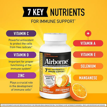 Airborne 1000mg Vitamin C with D and Zinc, Multivitamin Immune Support Supplement with Antioxidants A, C, and E, 200 Chewable Tablets, Citrus Flavor