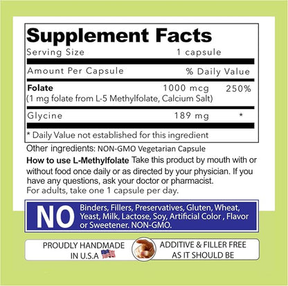 Our Daily Vites L-Methylfolate 1mg / 1000 mcg Maximum Strength Active Folate, 5-MTHF, Filler Free, Gluten Free, Non-GMO, Vegetarian Capsules 90 Count (Pack of 1)