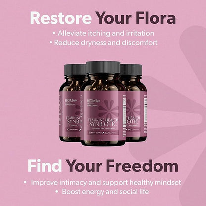 BIOMA Feminine Health Synbiotic - Women's Health Supplement for Healthy Vaginal pH, Urinary Tract & Digestive Support - with Probiotics, Cranberry & Tributyrin - 180 Capsules (3 Pack, 90-Day Supply)