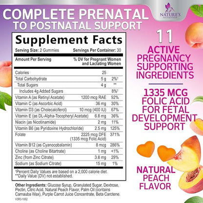 Prenatal Vitamins for Women Gummies, Folic Acid 1335mcg Pregnancy Vitamins for Fetal Support, Vitamin A, C, D3, B12, B6 & Folate, Prenatal Multivitamin Gummy for Pregnant & Nursing Women - 60 Gummies