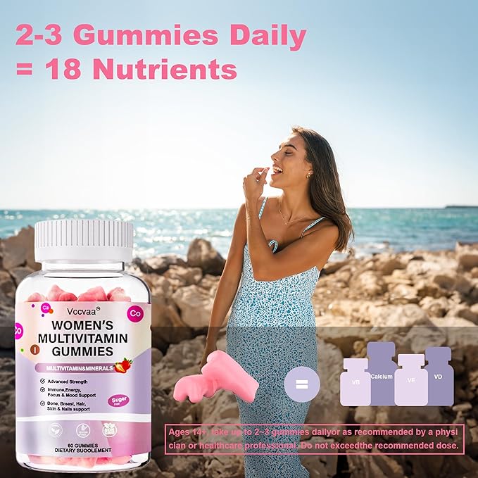 Sugar Free Multivitamin Gummies for Women 14+ with Iron, Inositol, Folate, Vitamins A C D3 E B12 K2, Herbal & Mineral Blend, Daily Vegan Gummy for Hair, Skin, Energy, Immune Support – 60 Count