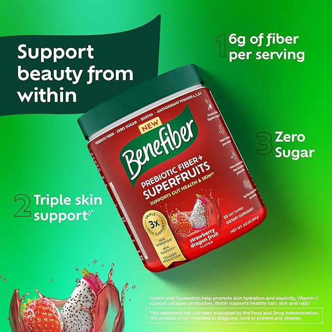 Benefiber Prebiotic Fiber + Superfruits Dietary Supplement, Strawberry Dragon Fruit Flavor, 8.8 oz (250g), 25 Day Supply