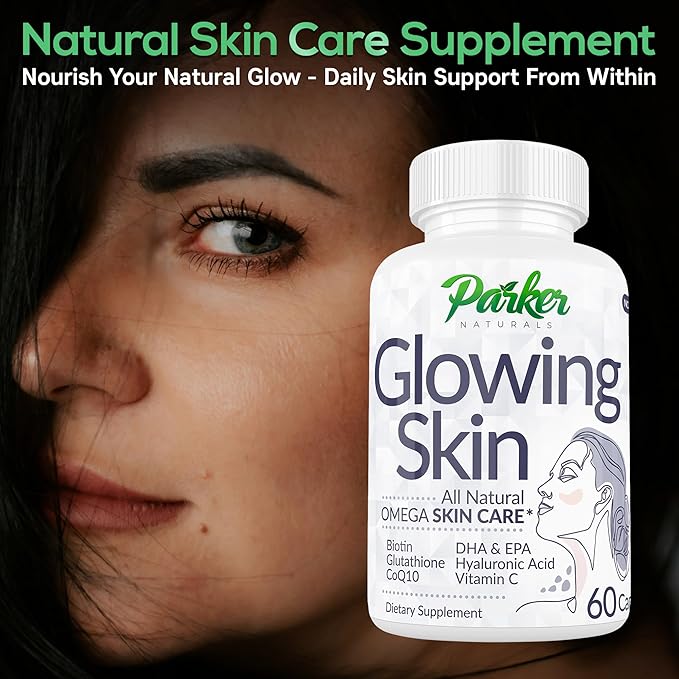 Glowing Skin Supplement - Biotin, Glutathione, Hyaluronic Acid, DHA/EPA Omega 3 Fish Oil, CoQ10, Vitamin C, All Natural Skin Care Supplement, 60 Caps
