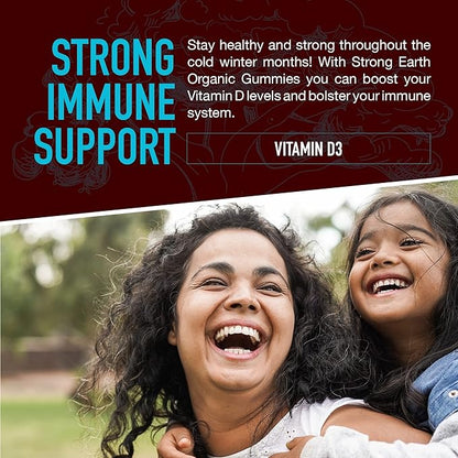 YUM-V'S Strong Earth Organic Vitamin D3 Gummies for Adults, (2000 iu Vitamin D 3 per Serving - 60 Count) for Bone & Immune Support, Vegan Chewable - Strawberry/Raspberry (60 Count)