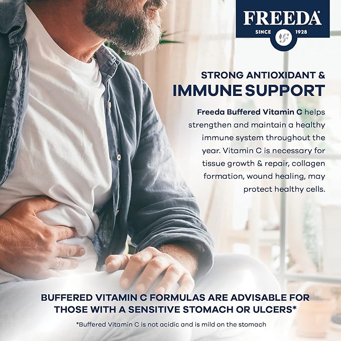 FREEDA Buffered Vitamin C 500mg – Non-Acidic Calcium Ascorbate – Immune Support & Antioxidant – Kosher, Gentle on Stomach – 100 Capsules