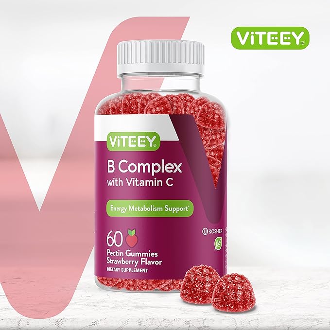 Viteey Vitamin B Complex Gummies with Vitamin C - Energy, Metabolism & Immune Support - B6, B12, Niacin, Folic Acid, Biotin, Calcium - Vegan, Gluten-Free - 60 Count