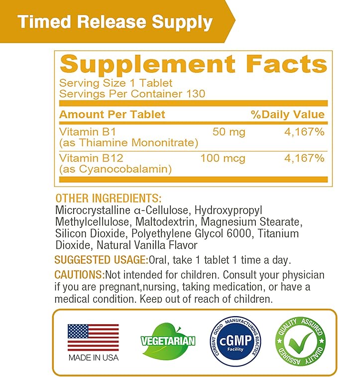 Lovita Vitamin B1 (Thiamine) 50mg, Timed Release, 8 Hours Sustained, with Vitamin B12 100mcg, Support Metabolism & Nerve Health, 130 Vegan Tablet