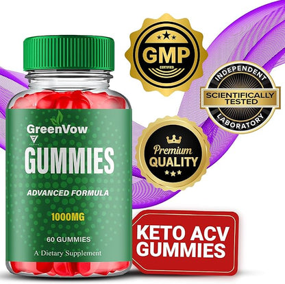 GreenVow ACV Gummies – 1000MG Apple Cider Vinegar with Vitamin B12, B6 & Folic Acid for Keto Support, Green Bow Dietary Supplement, Advanced Keto Formula (60 Gummies)