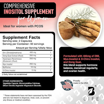 DIM Supplement 400 mg with Myo & D-Chiro Inositol, Dong Quai – Hormone Balance for Women – PCOS Supplements & Fertility Supplements – Inositol Supplement for Women - 120 Caps - 60 Day Supply